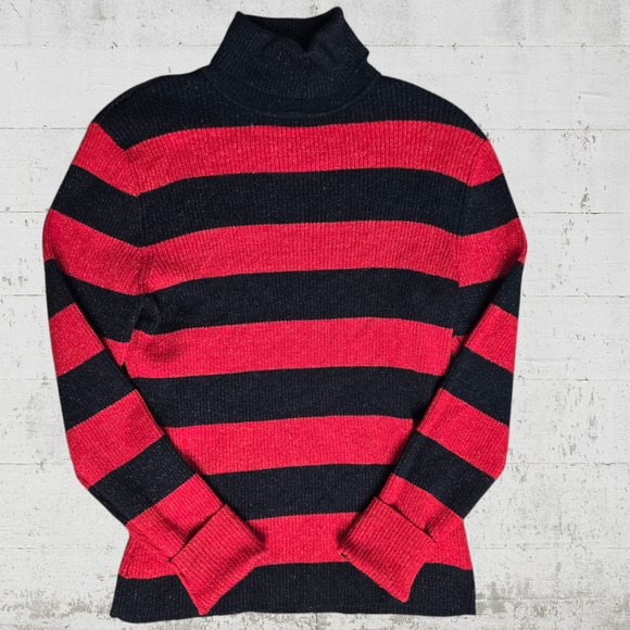 Y2K Red Black Stripe Glitter Metallic Ribbed Knit Turtleneck Sweater Size Medium - Picture 8 of 8